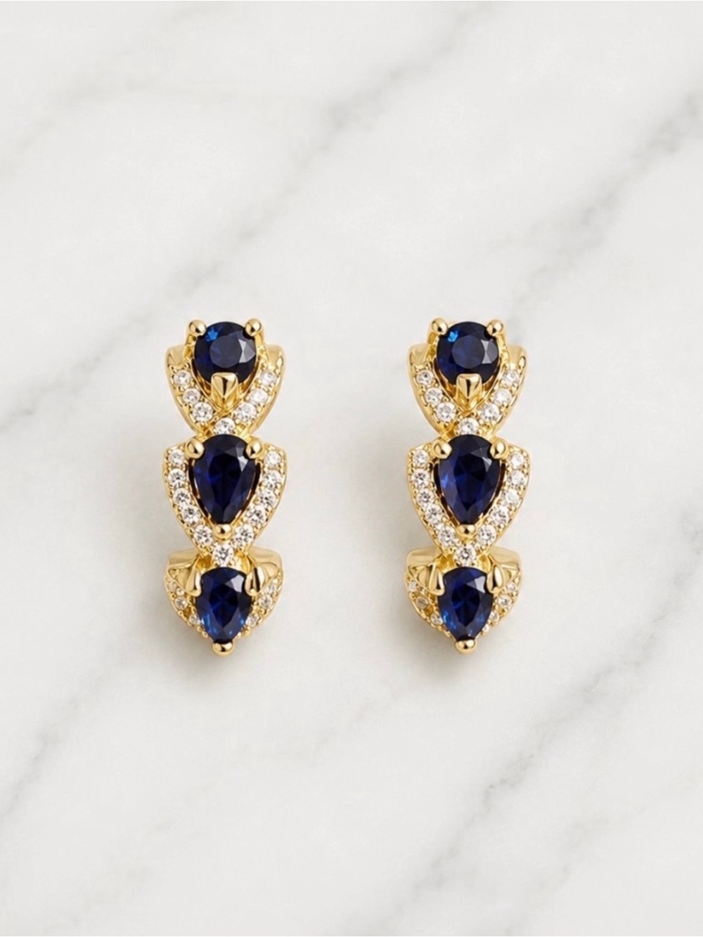 Blue Teardrop Shape Stone Hoop Earrings-Gold Tone Hardware